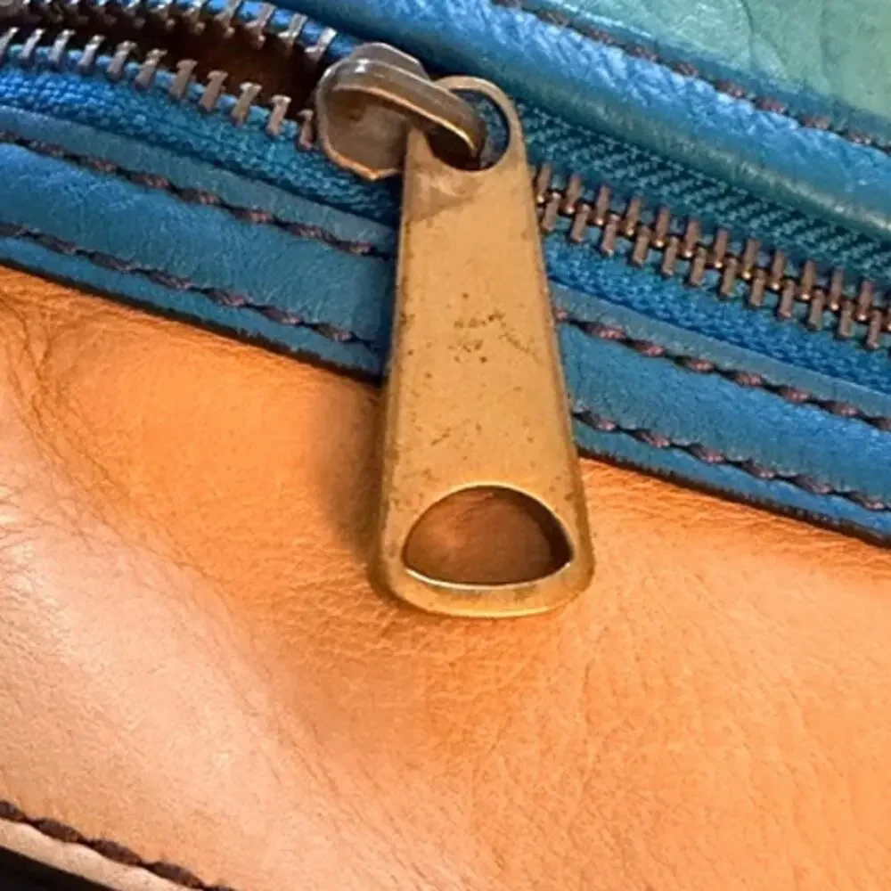 Fossil Leather Crossbody Tote Blue Brown Colorblock Convertible Bag 14